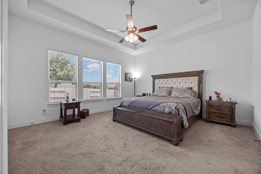 Well-lit primary bedroom features a tray ceiling and a ceiling fan, creating an inviting retreat. Well-lit primary bedroom features a tray ceiling and a ceiling fan, creating an inviting retreat.