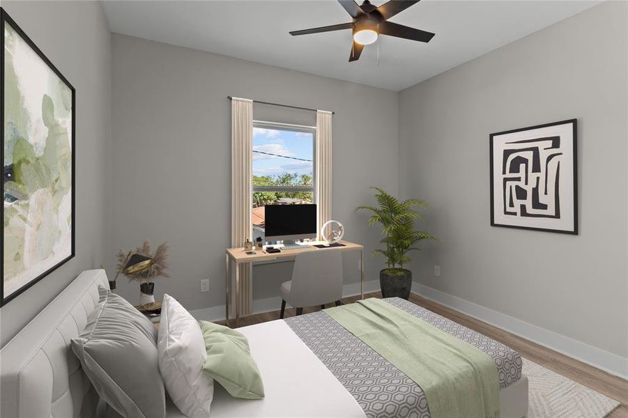 **Virtually Staged** Virtually staged, this secondary bedroom shows off how furniture can enhance the space and comfort.