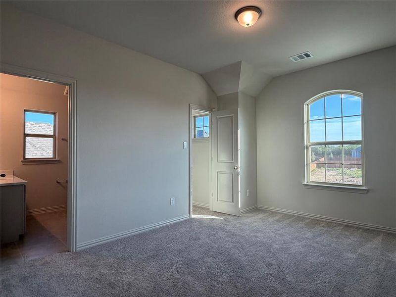 Spacious room featuring vaulted ceilings, plush carpeting, an arched window, a built-in light fixture, and a doorway opening to a bathroom with a vanity and square window Spacious room featuring vaulted ceilings, plush carpeting, an arched window, a built-in light fixture, and a doorway opening to a bathroom with a vanity and square window