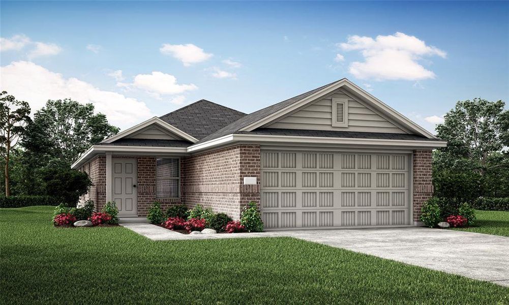 View of front of house featuring a garage and a front yard