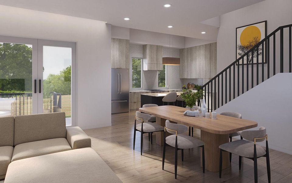 Dining room featuring light wood-style floors, recessed lighting, and stairway