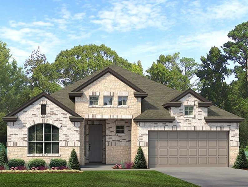 Front exterior of a new home in Jordan Ranch, Fulshear, TX, highlighting curb appeal (Image 2).