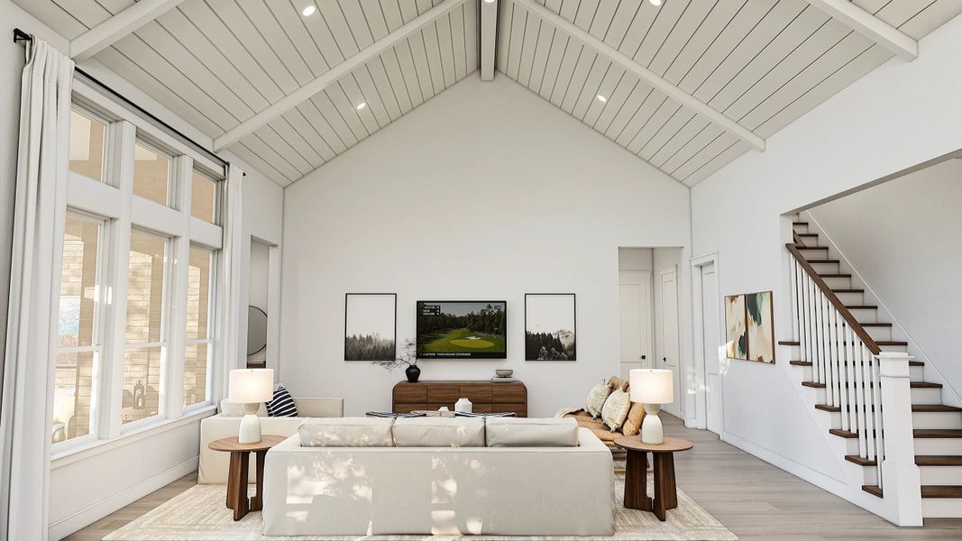 Great Room with Shiplap and White Stained Ceiling Beams