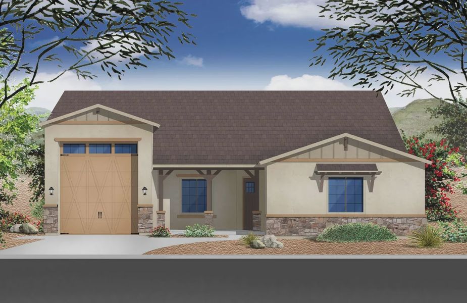 Front exterior of a new home in Valencia at Granite Vista, Waddell, AZ, highlighting curb appeal (Image 2).