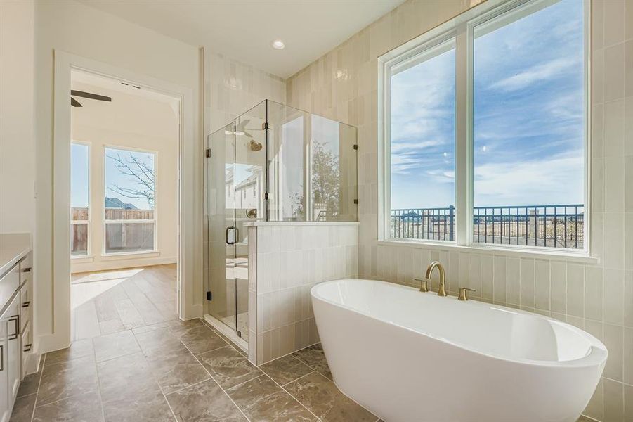 Bathroom with a freestanding tub, tile walls, a shower stall, and vanity
