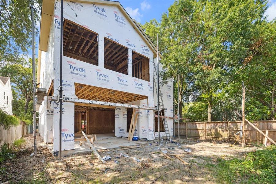 Rear view of the home with room for a pool!