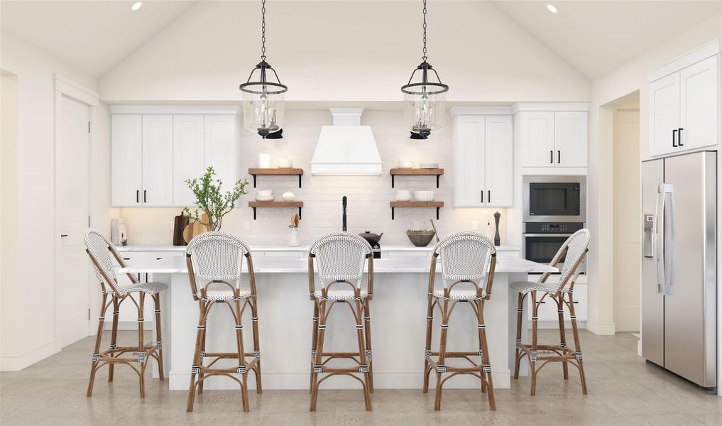 Stunning island kitchen with white cabinets and quartz counters (*Artist rendering used for illustration purposes only.)