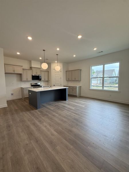 Spacious open-concept living area featuring wood-finish flooring, a kitchen island with stone countertop, light-toned cabinetry, stainless steel appliances, and recessed lighting throughout