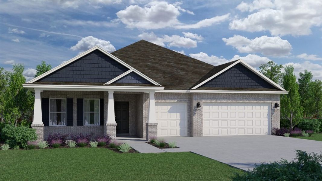 Representative exterior photo of a completed home built from the Navarre by Holiday Builders in Yellow River Ranch, Milton, FL (Image 2). Representative exterior photo of a completed home built from the Navarre by Holiday Builders in Yellow River Ranch, Milton, FL (Image 2).