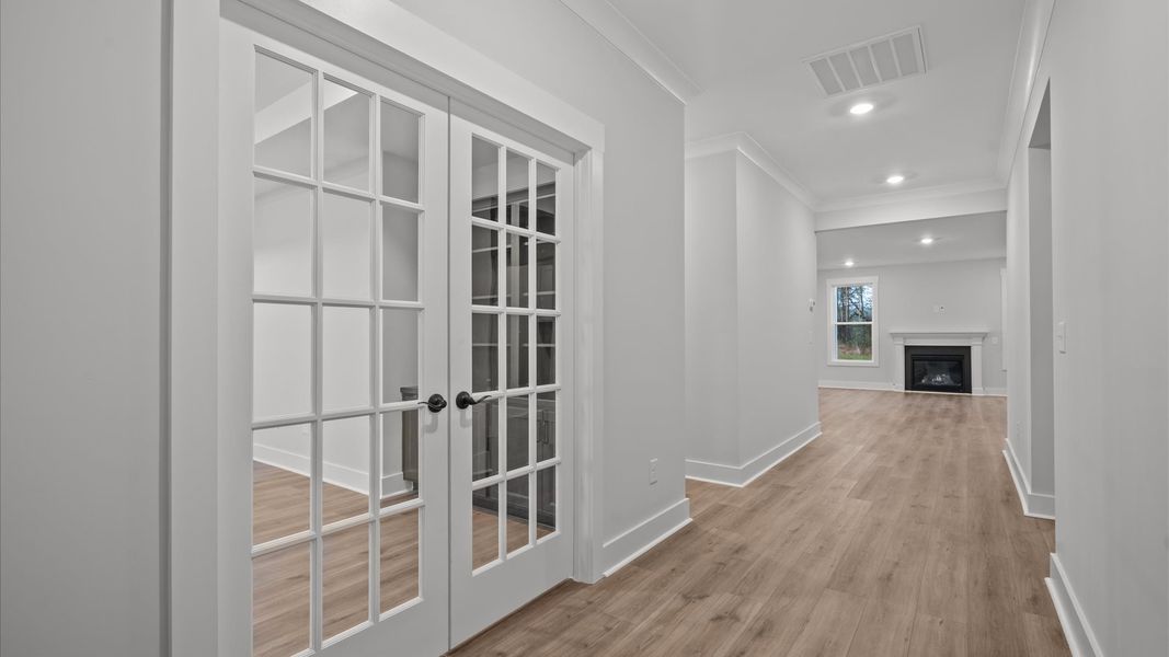 Vibrant entry highlighted by hardwood floors and accomplished design choices