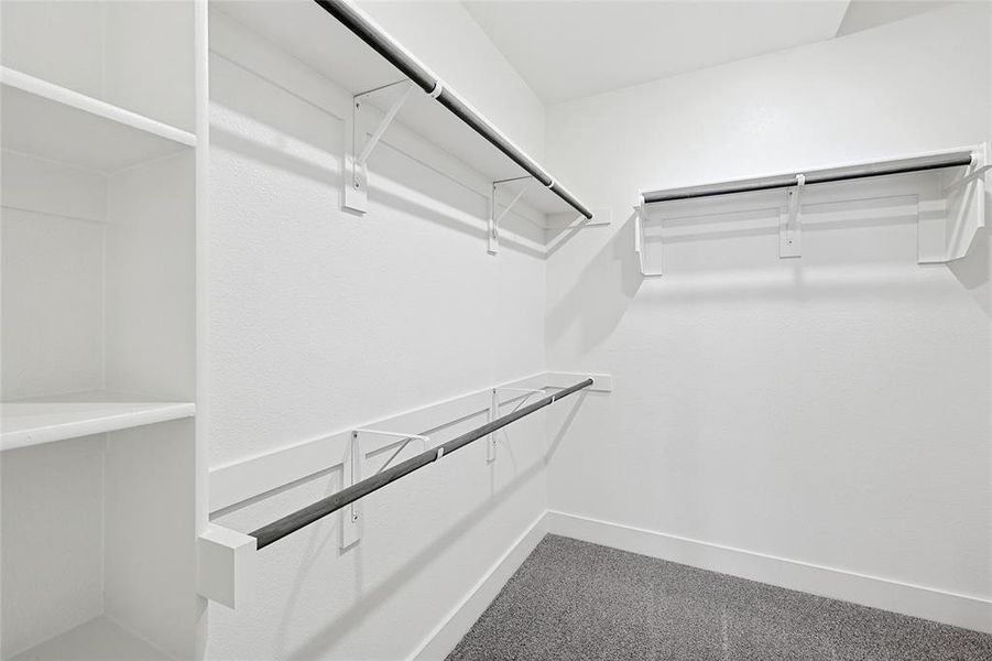 Walk in closet with carpet flooring Walk in closet with carpet flooring