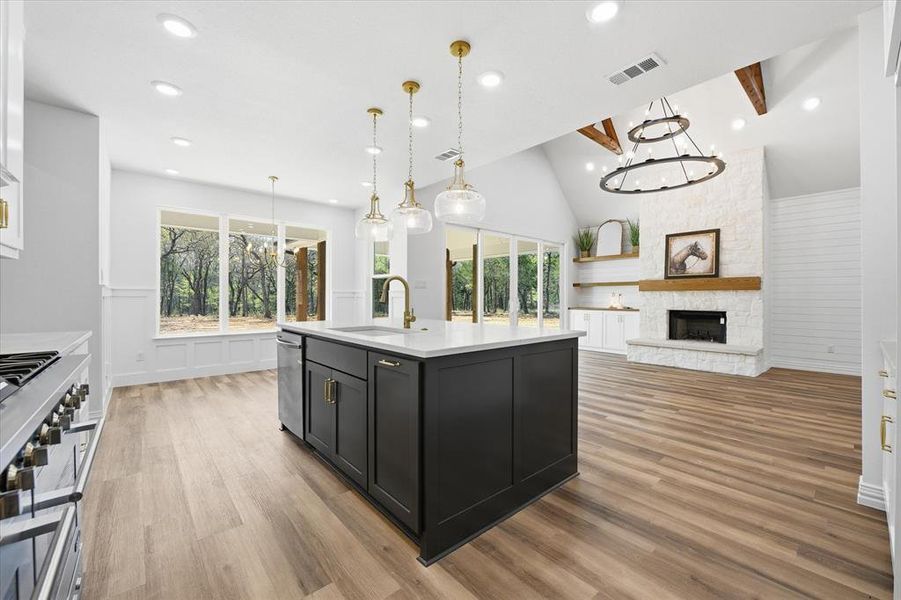 Kitchen with dark cabinetry, hanging lights, open floor plan, a stone fireplace, and stainless steel appliances