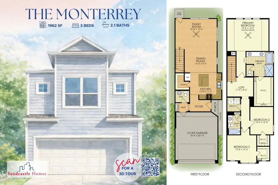 Explore the possibilities at the Monterrey floor plan where first-floor living, second-floor flex space, and smart storage at every turn lays a foundation for everyday living. Explore the possibilities at the Monterrey floor plan where first-floor living, second-floor flex space, and smart storage at every turn lays a foundation for everyday living.