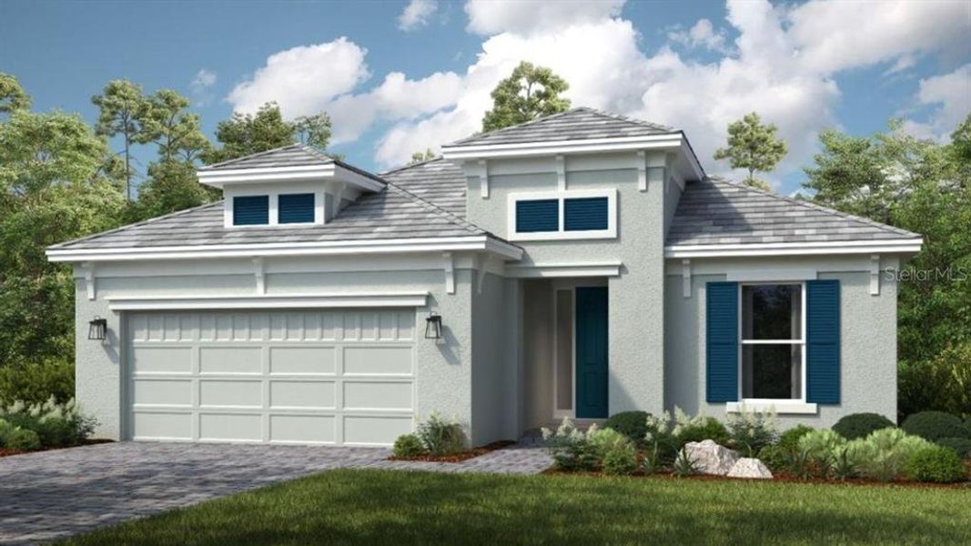 Front exterior of a new home in Esplanade at Center Lake Ranch, St. Cloud, FL, highlighting curb appeal (Image 1).