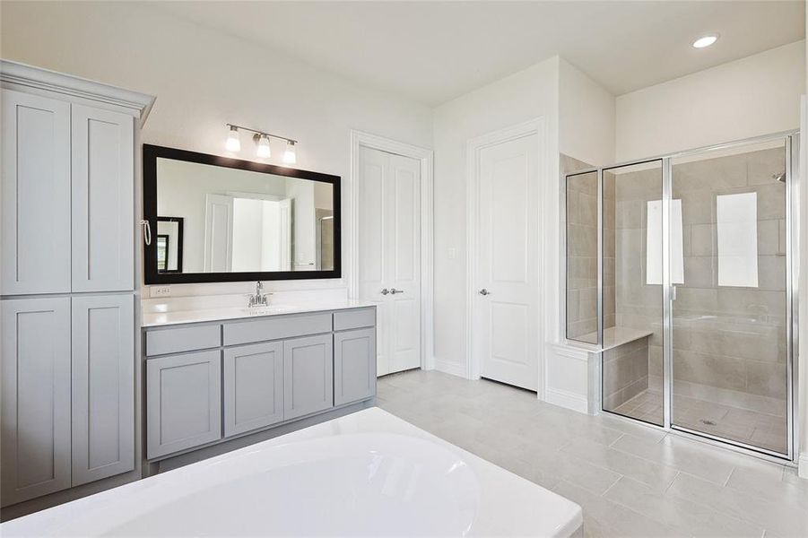 Bathroom with tile patterned flooring, plus walk in shower, and vanity