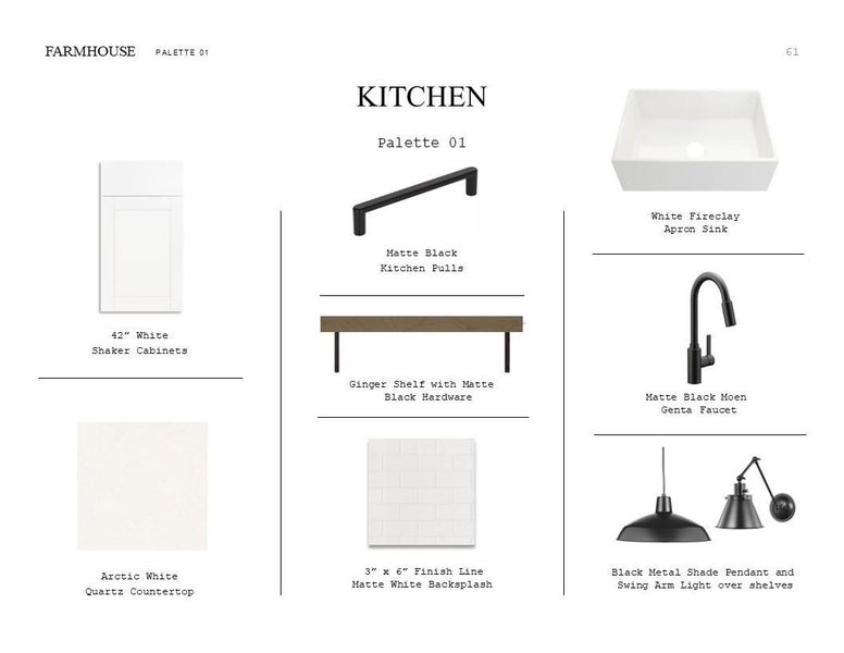 Farmhouse Look Palette 1: Kitchen Selection Sheet (*Artist rendering used for illustration purposes only.) Farmhouse Look Palette 1: Kitchen Selection Sheet (*Artist rendering used for illustration purposes only.)