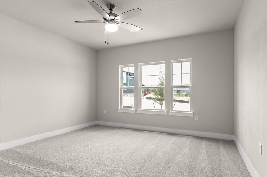 Empty room with light carpet, baseboards, and ceiling fan Empty room with light carpet, baseboards, and ceiling fan