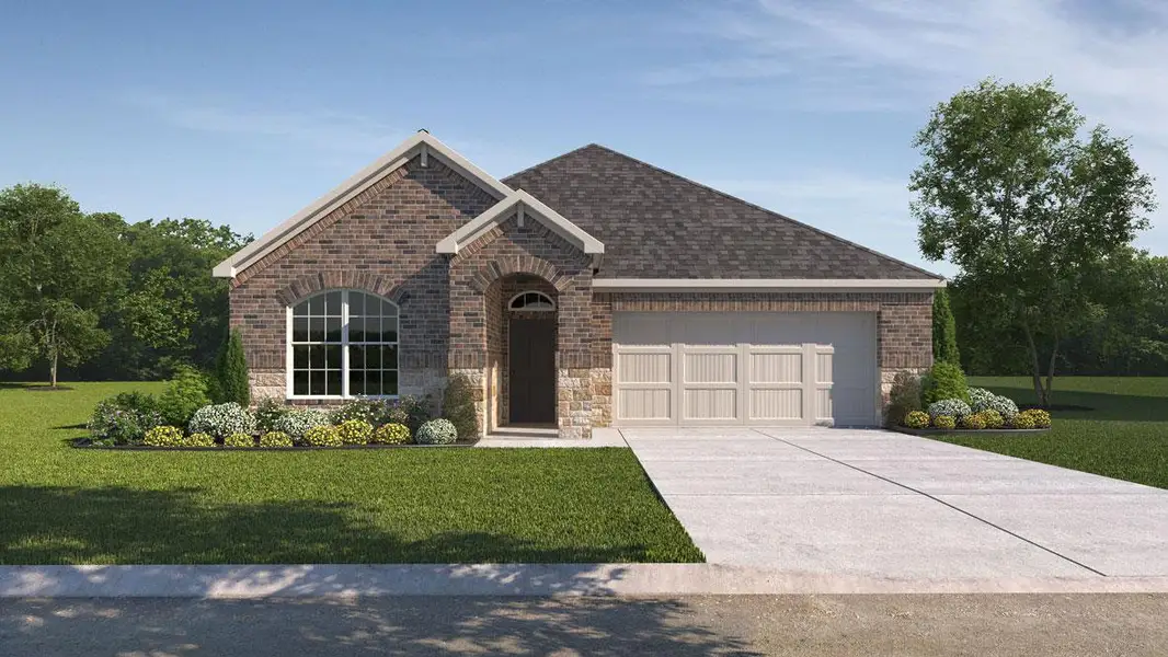 Front exterior of a new home in Rosenbusch Ranch, Leander, TX, highlighting curb appeal (Image 1). Front exterior of a new home in Rosenbusch Ranch, Leander, TX, highlighting curb appeal (Image 1).