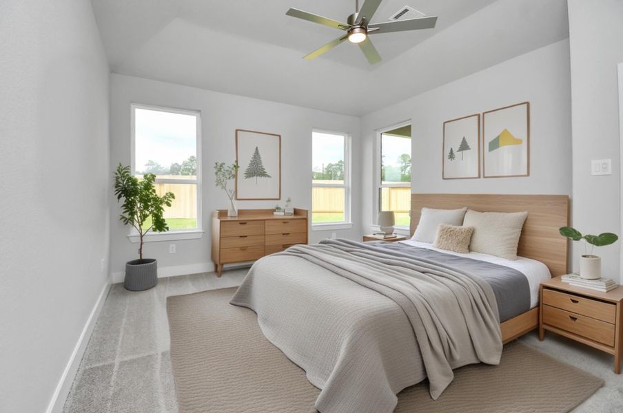 Virtually Staged - Primary Bedroom. Sample photo of completed home with similar floor plan. Actual colors and selections may vary. Virtually Staged - Primary Bedroom. Sample photo of completed home with similar floor plan. Actual colors and selections may vary.