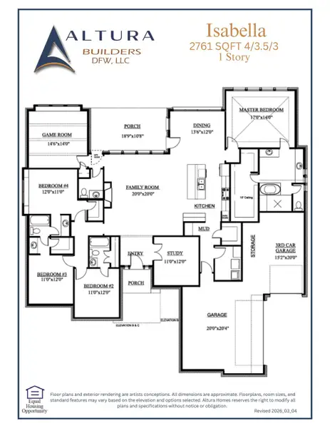 2D floor plan layout for the Isabella by Altura Homes in Talbott Estates, Howe, TX (Image 3).
