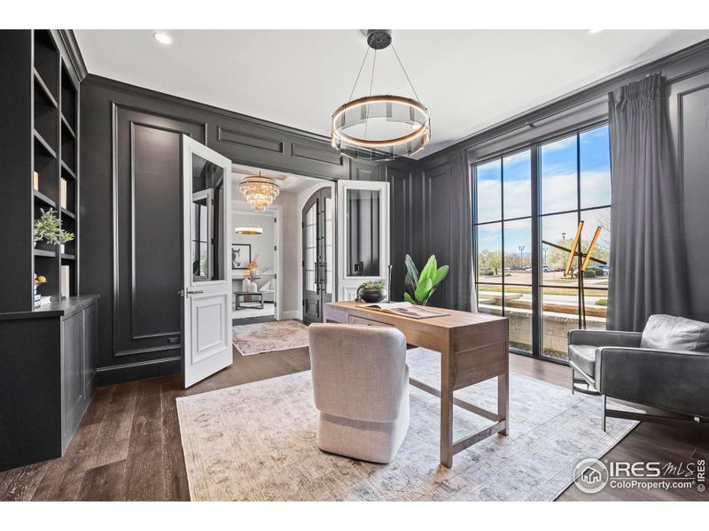 Formal Office with Custom Paneling, Shelving, and Front Range Views out the Floor to Ceiling Windows