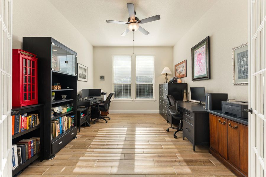 The spacious office has been upgraded with French doors. The spacious office has been upgraded with French doors.