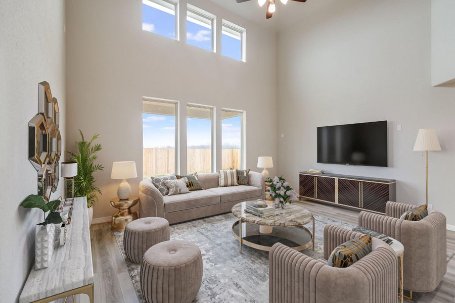 Living room. Note: Sample product photo - actual exterior and interior selections may vary by homesite