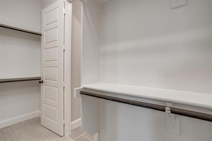 Walk in closet featuring light colored carpet