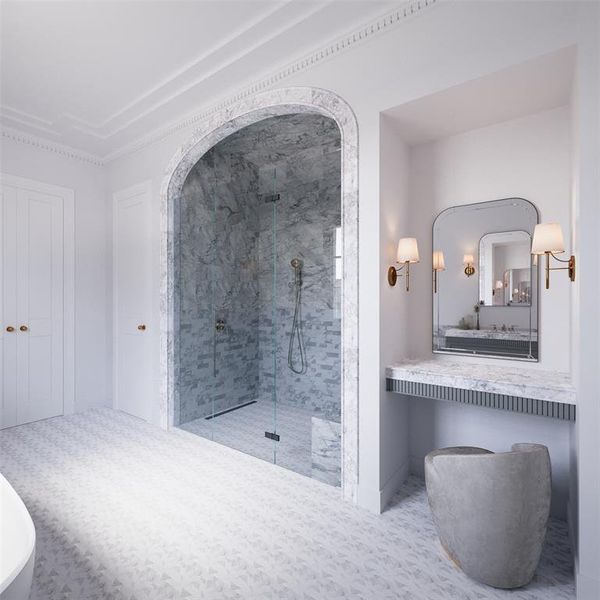 Bathroom featuring a marble finish shower, vanity, and a freestanding tub