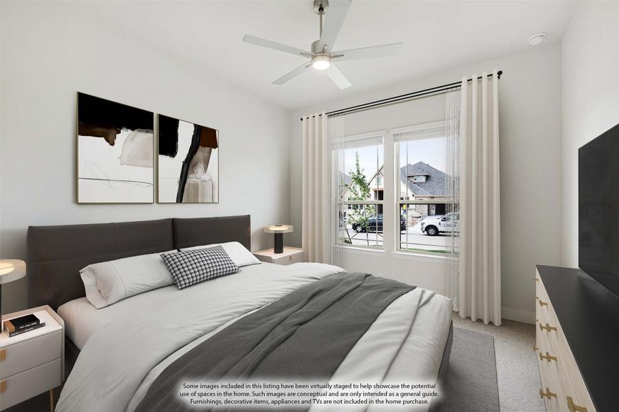 Bedroom with queen bed, ceiling fan, large window with curtains, and neutral gray and white decor Bedroom with queen bed, ceiling fan, large window with curtains, and neutral gray and white decor