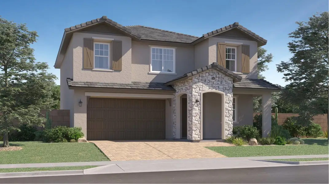 Front exterior of a new home in Montecito at Estrella, Goodyear, AZ, highlighting curb appeal (Image 1). Front exterior of a new home in Montecito at Estrella, Goodyear, AZ, highlighting curb appeal (Image 1).