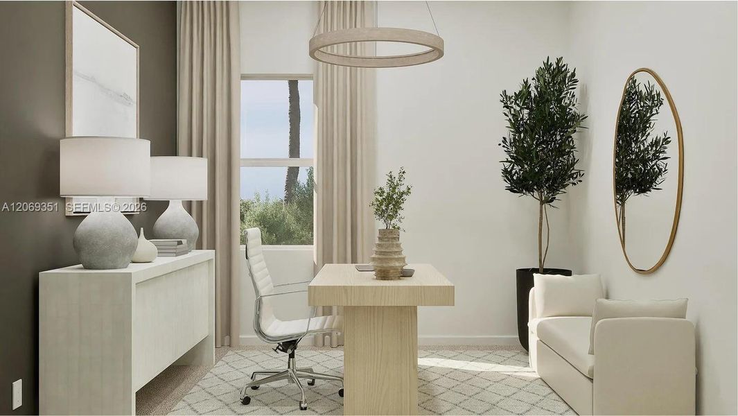 This bedroom boasts a prime location on the first floor, perfect for a guest suite or home office, as shown here. This bedroom boasts a prime location on the first floor, perfect for a guest suite or home office, as shown here.