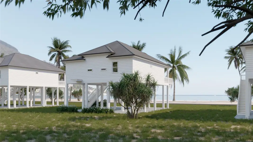 Artist Rendering.This photo showcases a charming elevated beach house with a wraparound porch, nestled among palm trees and lush greenery, offering a scenic view of the coast. Ideal for coastal living.