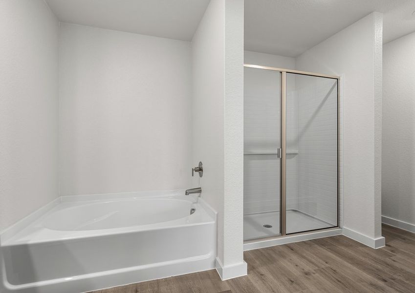 The master bathroom has a glass walk-in shower and garden tub. The master bathroom has a glass walk-in shower and garden tub.