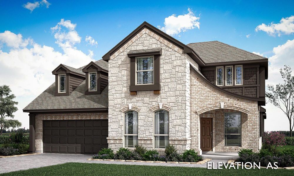 Two-story home with stone and brick exterior, arched entry, and two-car garage shown in elevation rendering. Two-story home with stone and brick exterior, arched entry, and two-car garage shown in elevation rendering.