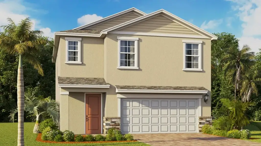 Front exterior of a new home in San Carlos Spot Lots, Fort Myers, FL, highlighting curb appeal (Image 1). Front exterior of a new home in San Carlos Spot Lots, Fort Myers, FL, highlighting curb appeal (Image 1).