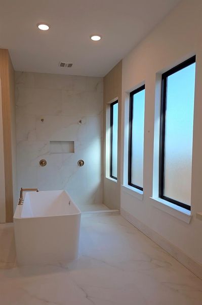 Walk in shower, with stand alone tub perfect for soaking. Walk in shower, with stand alone tub perfect for soaking.