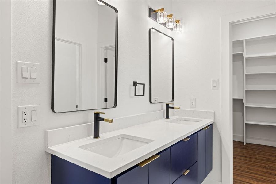 Bathroom featuring double vanity, dark wood-style flooring, and a spacious closet