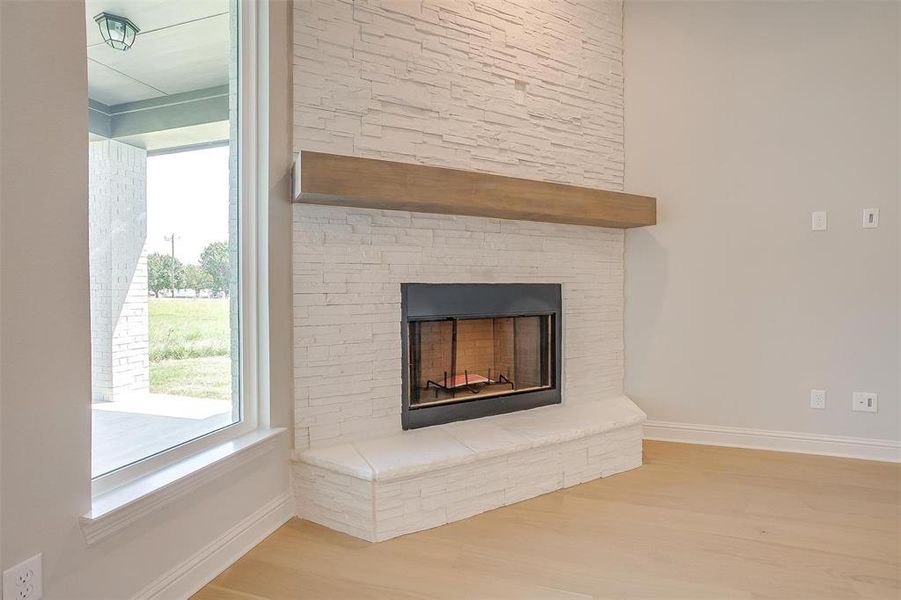 Details with a fireplace and wood-type flooring