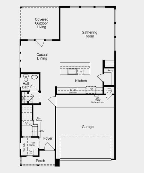 Structural options include: open stair railing, tankless water heater.