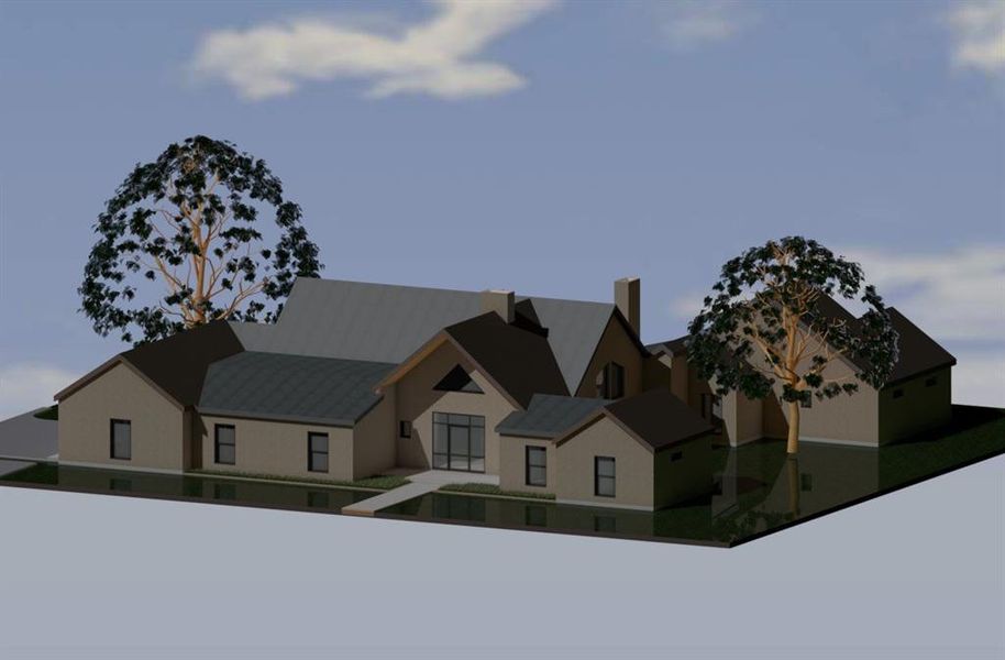 View of front facade featuring a standing seam roof and stucco siding