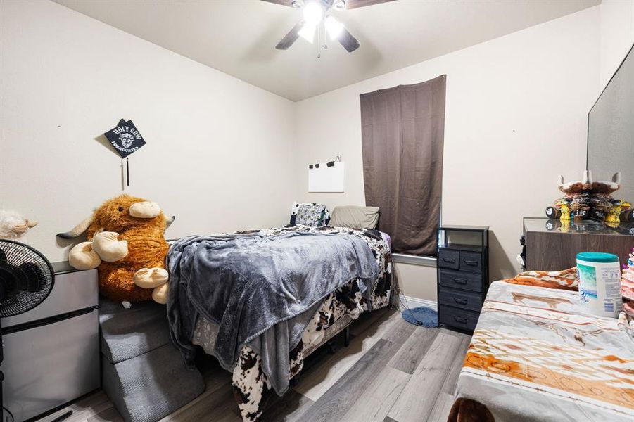 Bedroom with light hardwood / wood-style floors and ceiling fan