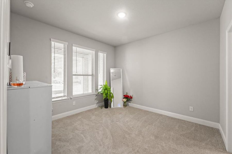 Unfurnished room with light colored carpet