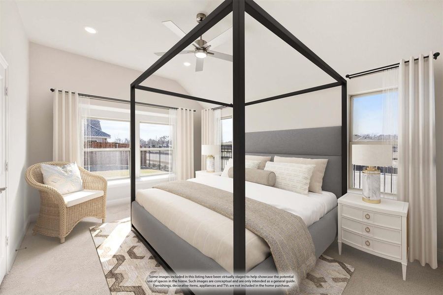 Bedroom with four-poster canopy bed, vaulted ceiling, ceiling fan, and large windows with natural light Bedroom with four-poster canopy bed, vaulted ceiling, ceiling fan, and large windows with natural light