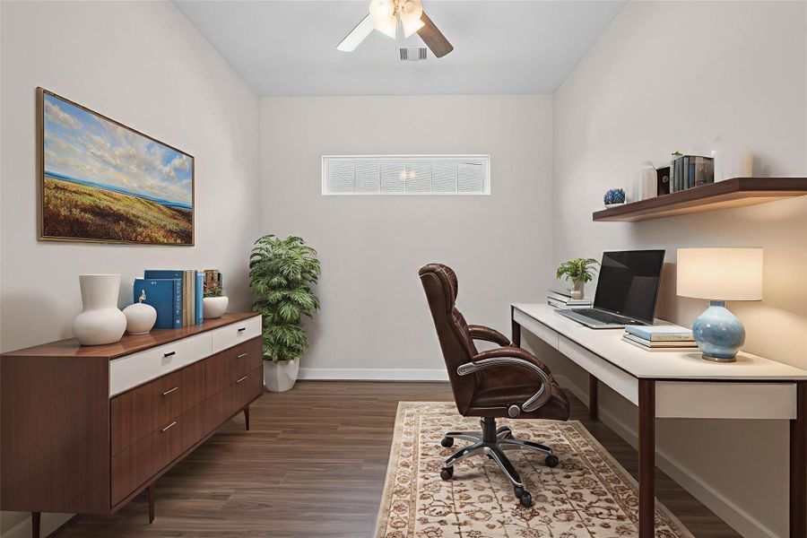 The Portico flex room provides a versatile space that can be customized to suit your lifestyle, whether as a home office, craft room, or additional living area.  *Image depicts home as is with some elements virtually staged.
