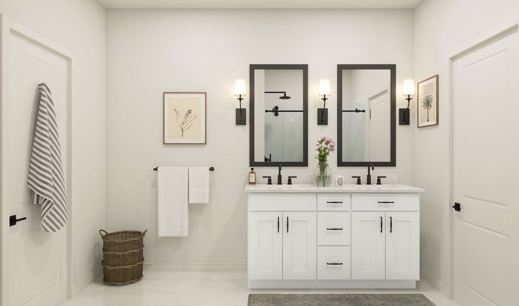 Primary bath with dual matte black mirrors Primary bath with dual matte black mirrors