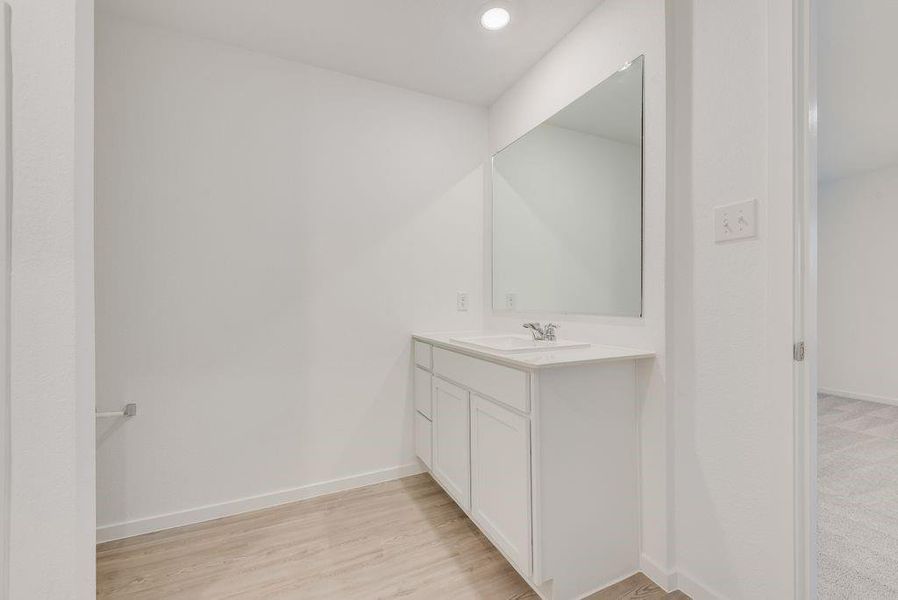 Bathroom featuring wood-type flooring and vanity