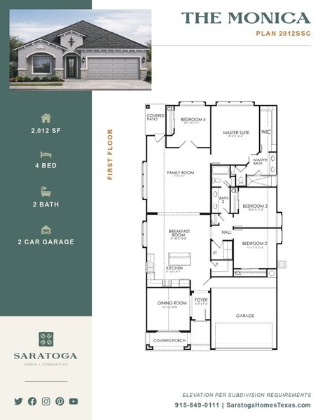 2D floor plan layout for the The Monica – 2012SSC by Saratoga Homes in Paseo Del Este, El Paso, TX (Image 3).