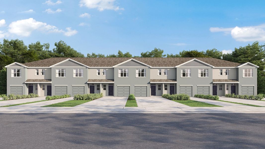 Front exterior of a new home in Towns at Woodsdale, Wesley Chapel, FL, highlighting curb appeal (Image 24).