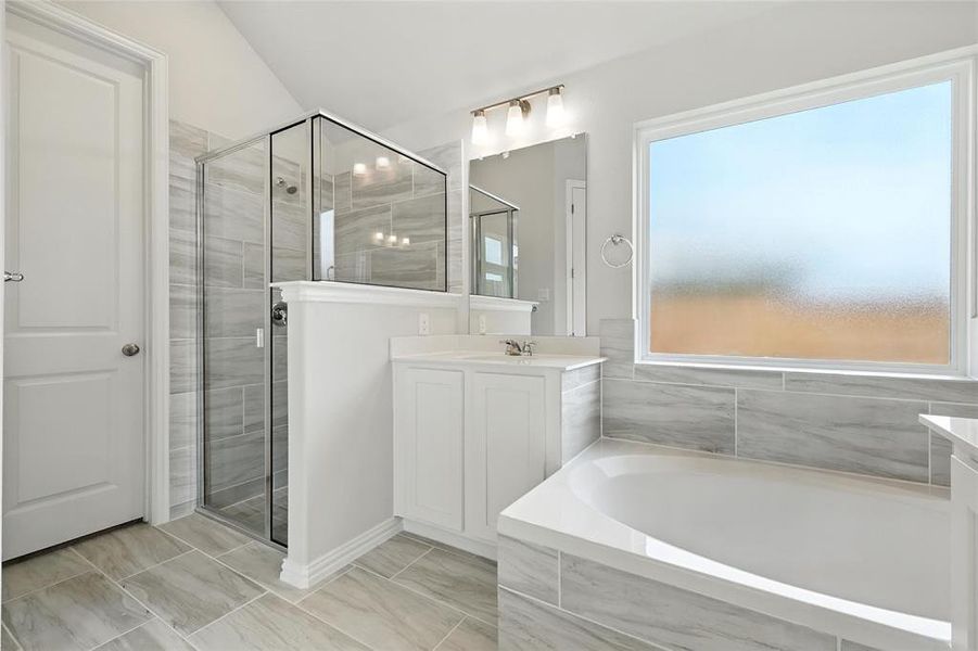 Bathroom featuring vanity, a bath, and a shower stall